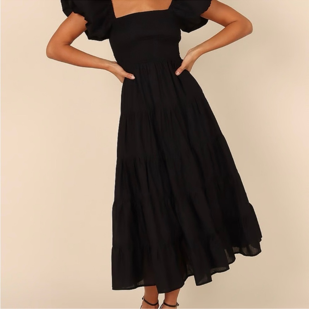 Petal & Pup Black Midi Dress with Puff Sleeves